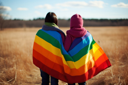 Two Unrecognized Lesbian Women Embracing, Symbolizing LGBTQ Pride with Rainbow Flagの素材