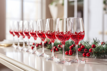 Elegantly Adorned Champagne Glasses for Christmas Festivities on a Festive Table Settingの素材