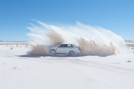 White SUV with Blurred Motion Effect Driving on white Sandy Desert Road - Sand Filling the Airの素材