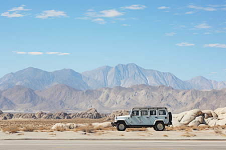 Vintage Off-Road 4x4 Car Parked Amidst Majestic Desert Dunes on Clear and Sunny Summer Dayの素材