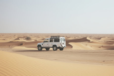 Vintage Off-Road 4x4 Car Parked Amidst Majestic Desert Dunes on Clear and Sunny Summer Dayの素材