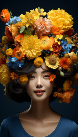Floral Fashion Goddess with Mesmerizing Bouquet and Blossoming Dress on Dark Backgroundの素材