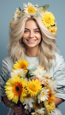 Smiling Lady with Flower Bouquet and Floral Dress on Grey Background - Fashion Photoの素材