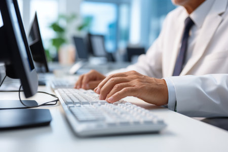 Hand typing on laptop in office. Ideal for online marketing, remote work, and sys admin tasks.の素材