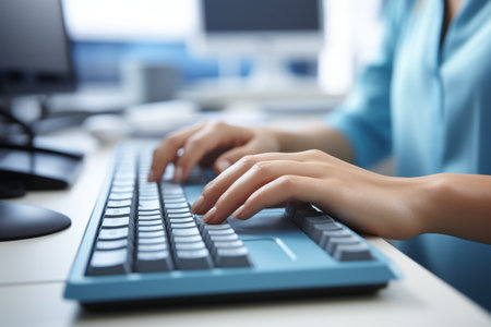 Bright Office. Close-up of Hand Typing on Laptop Keyboard for Online Work and Marketingの素材