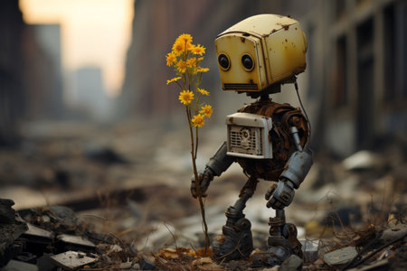 Yellow Flowered Robotic Figure in Ruined Cityscape, Eerie Post-Apocalyptic Illustrationの素材