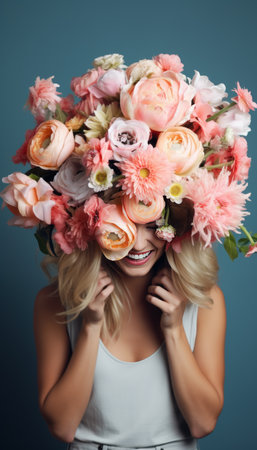 Euphoric Model. Smiling Fashion Woman with Flower Bouquet on Head and Dress Made of Bloomsの素材