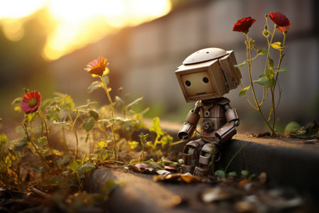 Adorable Small Robot Holding a Beautiful Flower in Bustling Metropolis During Mesmerizing Sunsetの素材