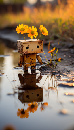 Unique Ugly Robot with Delicate Small Flower in Vibrant Cityscape at Glorious Sunsetの素材