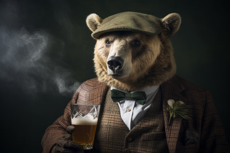 Anthropomorphic Bear in Classic Mens Attire, Enjoying a Beer Glass on Dark Backgroundの素材