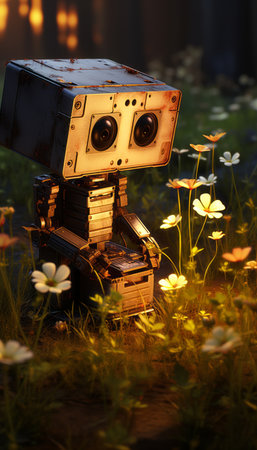Unique Ugly Robot with Delicate Small Flower in Vibrant Cityscape at Glorious Sunsetの素材