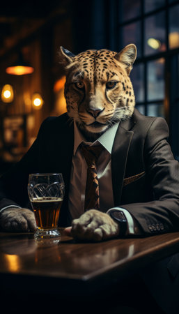 Realistic Anthropomorphic Cheetah Enjoying Beer in Classic Mens Dress at an Old, Dimly Lit Pubの素材