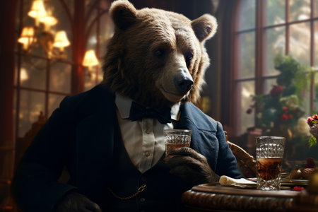 Anthropomorphic Bear in Classic Mens Attire, Enjoying a Beer Glass on Dark Backgroundの素材