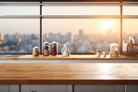 Empty Wood Table in Modern Kitchen with Cityscape at Sunset for Product Placementの素材