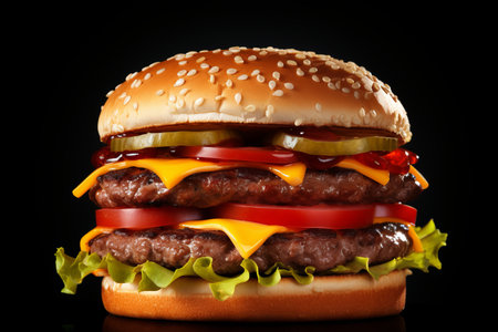 Delicious Classic Cheeseburger on Dark Background, Mouth-Watering Stock Photo for Food Loversの素材