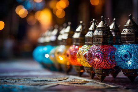 Glowing Ramadan Lanterns. Intricate Designs, Vibrant Patterns, Filled with Joy and Anticipationの素材