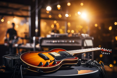 Studio microphone over blurred background with audio mixer   musical instrument conceptの素材