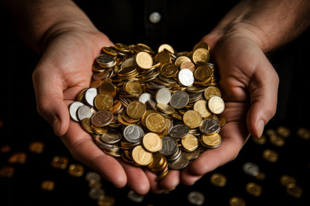 Businessman holding white piggy bank with falling coins money saving and deposit conceptの素材