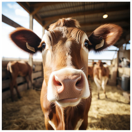 Tranquil ecological cow grazing at domestic farm with factory in picturesque backgroundの素材