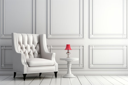 Minimalist interior with armchair on white concrete wall background and empty picture frame mockupの素材
