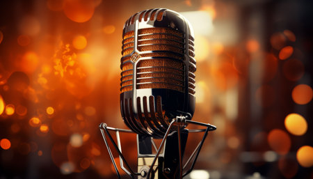 Professional studio microphone with blurred background and audio mixer   musical instrument conceptの素材