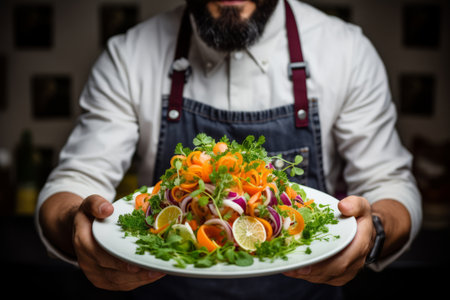 Close up of modern food stylist decorating a delicious meal for elegant restaurant presentationの素材