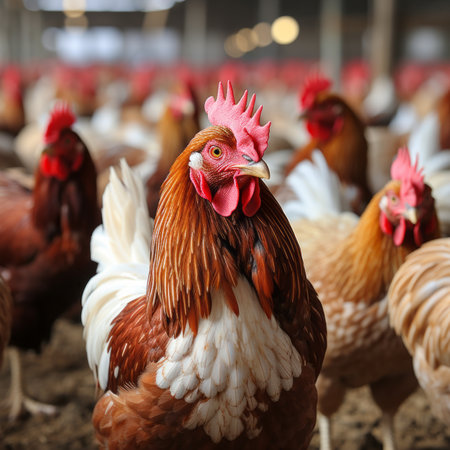 Vibrant and thriving ecological chickens at a picturesque domestic farm and bustling factoryの素材