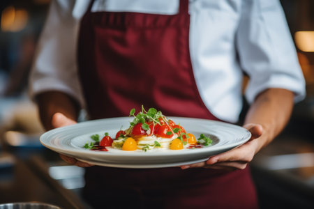 Creative food stylist expertly decorating a delectable meal for flawless restaurant presentationの素材