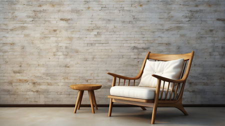 Minimalist interior with armchair on white concrete wall background and empty canvas mockupの素材