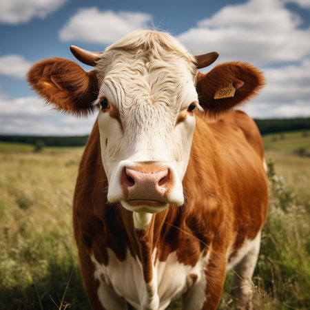Gigantic ecological cow grazing on a picturesque domestic farm with a factory in the backgroundの素材