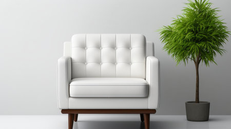 Minimalist interior with armchair on white concrete wall and empty canvas mockup   3d renderの素材