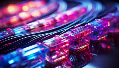 Abstract fiber optic cable wire with bokeh lights   communication and technology backgroundの素材