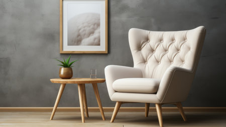 Minimalist interior with armchair on white concrete wall and empty canvas mockup   3d renderの素材