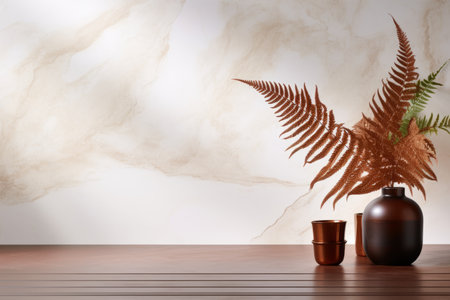 Luxury organic cosmetic product display on wooden counter table with soft sunlight and leaf shadowの素材
