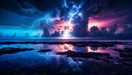 Vibrant lightning bolt illuminating the dark sky on the mesmerizing horizon of the vast seaの素材