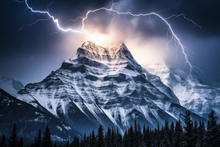 Powerful lightning bolt creating mesmerizing spectacle over majestic mountainous landscapeの素材