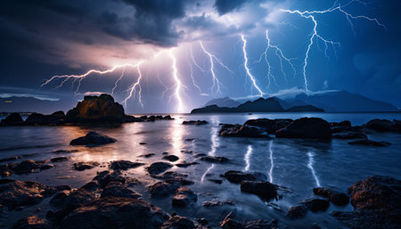 Dazzling lightning bolt illuminating the enchanting sea horizon with its captivating display.の素材