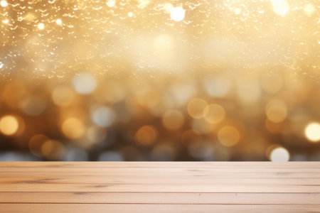 Abstract warm living room decor with christmas tree string lights on empty wooden tableの素材