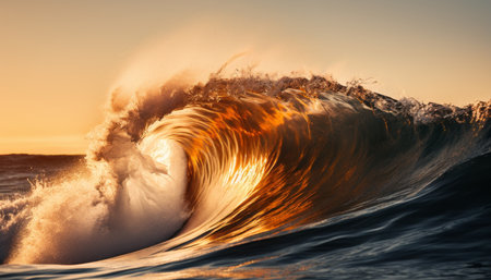 Dynamic and vibrant ocean wave crashing and falling down gracefully at the enchanting time of sunsetの素材