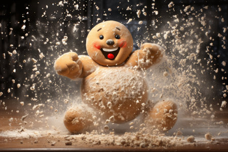 Festive gingerbread man cookies on wooden table with cocoa powder splash and lights backgroundの素材