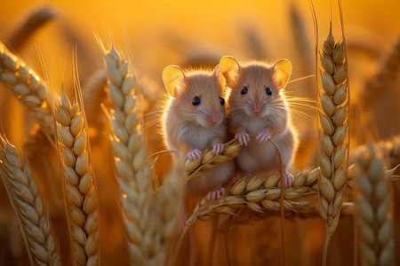 Enchanting sight of two precious little mice gleefully scampering through a sun kissed wheat fieldの素材