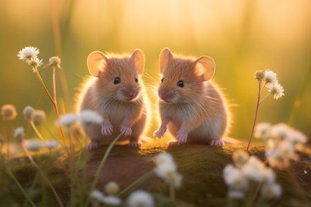 Two cute and curious little mice joyfully scampering amidst a vast, sun drenched wheat fieldの素材