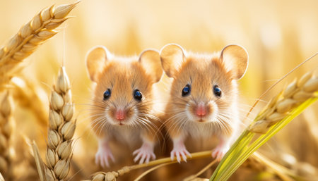 Charming and playful duo of tiny mice enjoying a delightful adventure in a picturesque wheat fieldの素材