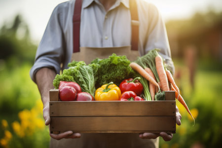 Farmer showcasing freshly picked vegetables in a rustic box against sunny farm backdropの素材