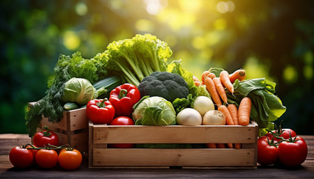 Freshly harvested organic vegetables in a wooden box under the warm sun on an outdoor tableの素材