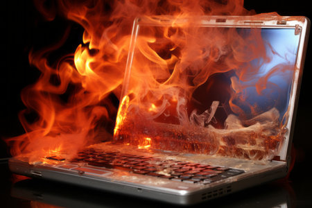 Laptop Enveloped in Fiery Flames and Smoke, Blending Cold and Warm Colors for a Dynamic Effectの素材