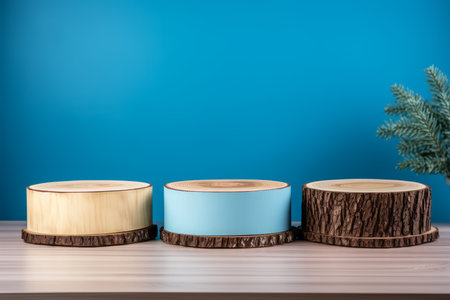Three Natural Wooden Saw Stumps with Realistic Bark for Product Presentation on Blue Backgroundの素材