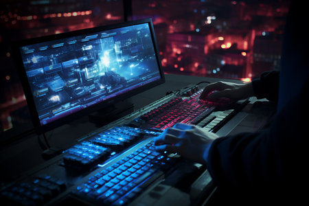 Human Hands Typing on Keyboard. Concept of Cybersecurity, Hacking, Data Stealingの素材