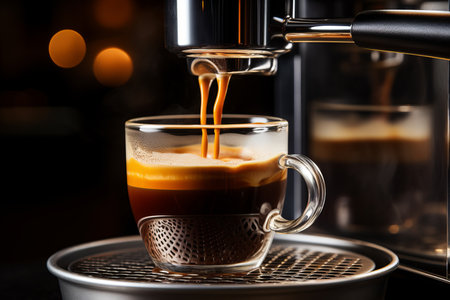 Professional Coffee Machine Close-up Brewing Freshly Ground Coffee into Transparent Glass Cupの素材