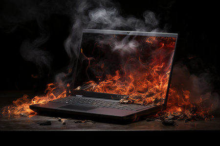 Explosion and Smoke from Laptop Battery Fire in Dark Room with Broken Fire Alarmの素材